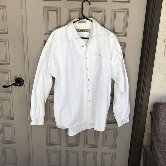 WKWR Anchor Blue Denim Shirt White Button Long Sleeves Tails Cuffs Heavy Pre-Own - Picture 1 of 8